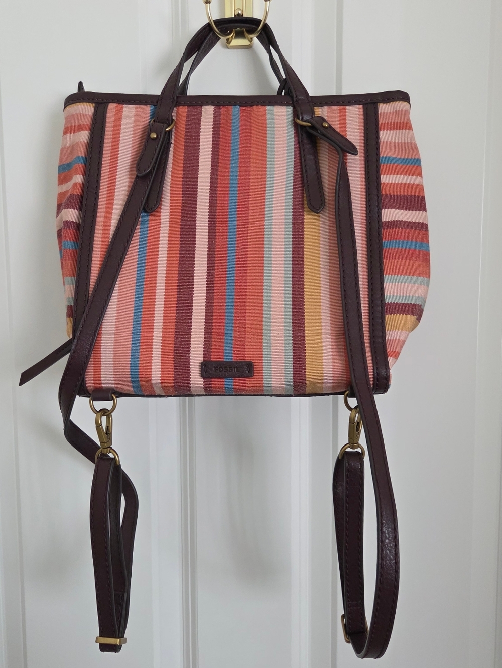 Fossil Multicolor Striped Canvas Backpack Tote